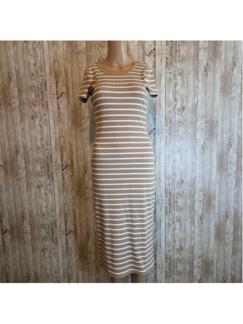 Women's No Comment Beige White Striped Ribbed Midi Dress S NWOT